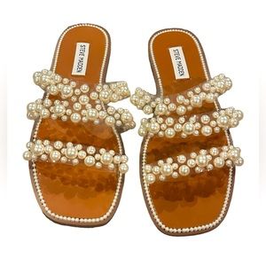 Steve Madden Tan Pearl-Embellished Triple Strap Sandals